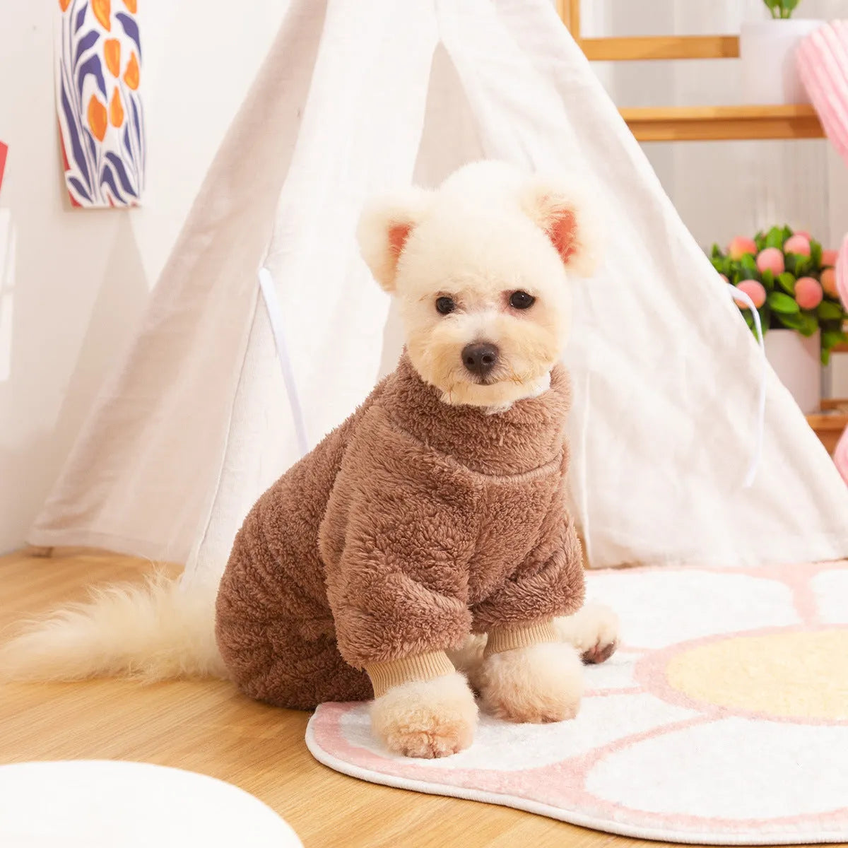 Double-sided thick plush dog clothes with high collar in khaki, pink, or blue colours showing four-legged design