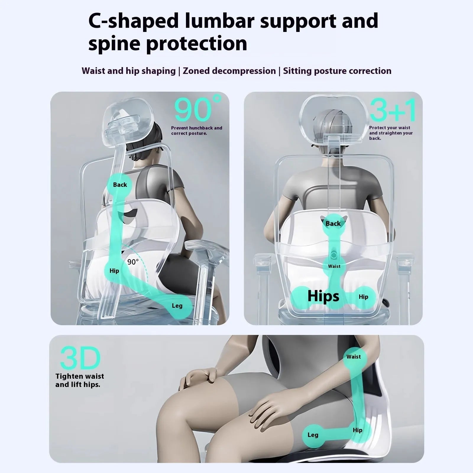 Grey waist support seat cushion with lumbar design for long sitting comfort