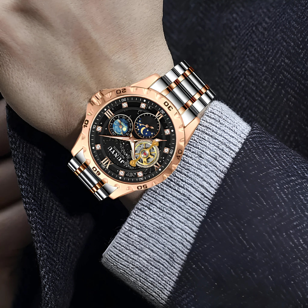 Men's automatic mechanical watch with luminous display and waterproof construction in rose gold black starry sky dial