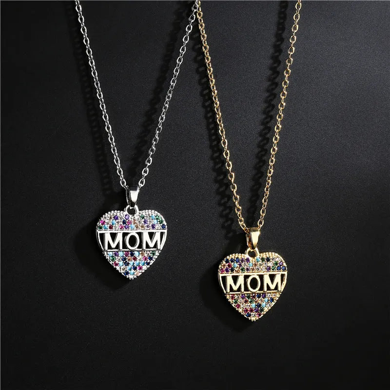 Copper peach heart MOM pendant necklace with micro inlay, gold colour, adjustable chain 21-50cm