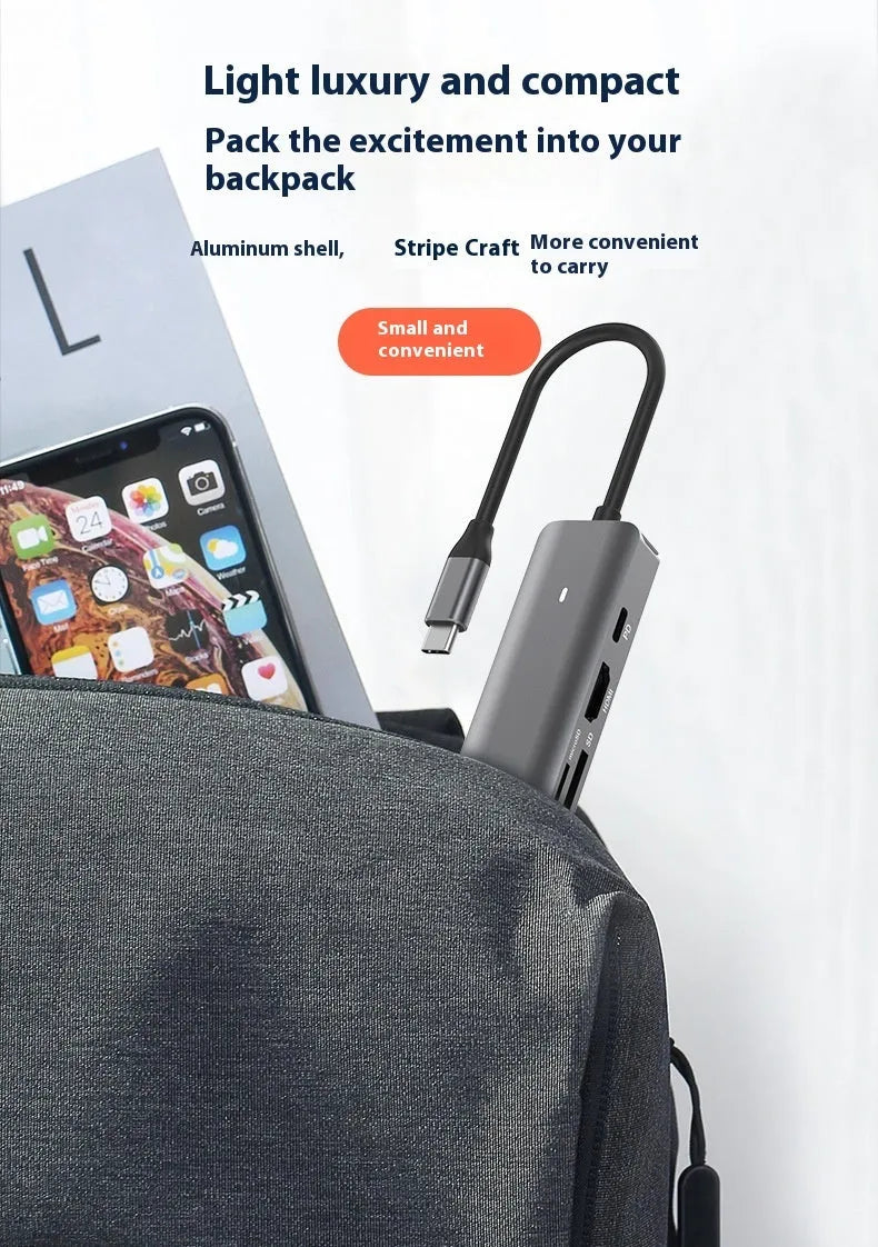 LQT-LH07 seven-in-one USB C hub and card reader adapter for laptops on a desk.