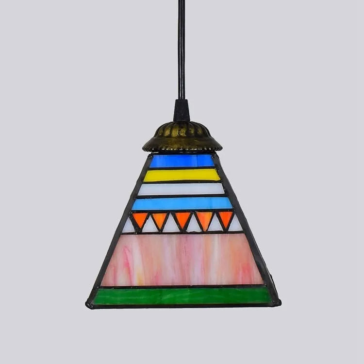 Art stained glass small droplight with 15cm coloured glass shade and 90cm drop on iron ceiling plate