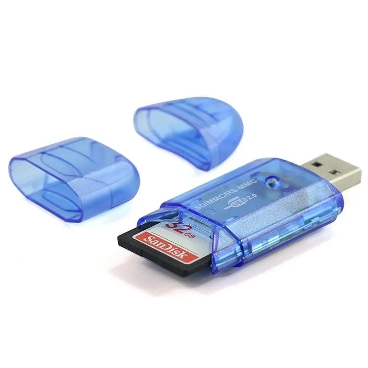 Transparent plastic USB card reader with a clear housing showing internal components.