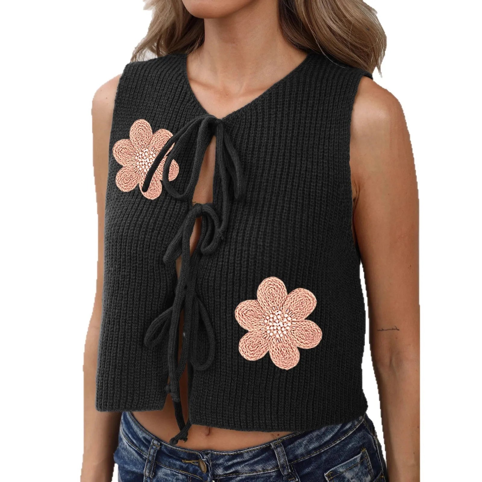 Short length lace-up bow cardigan vest in deer plush polyester fabric with floral pattern