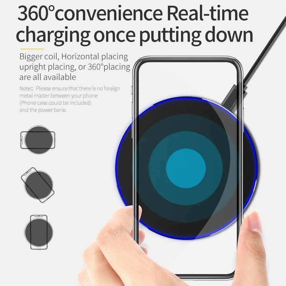 Black square ultra-thin wireless fast charger with USB cable on a desk