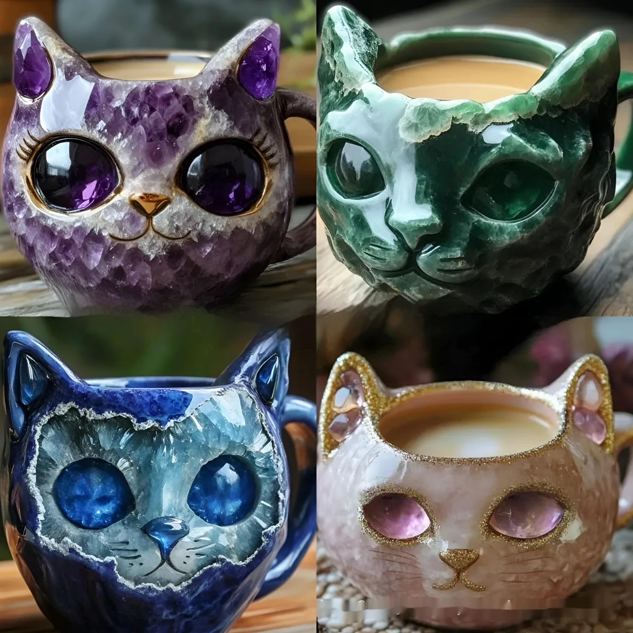 Purple handmade resin geode mug with crystal design and cat figurine, 11cm tall.