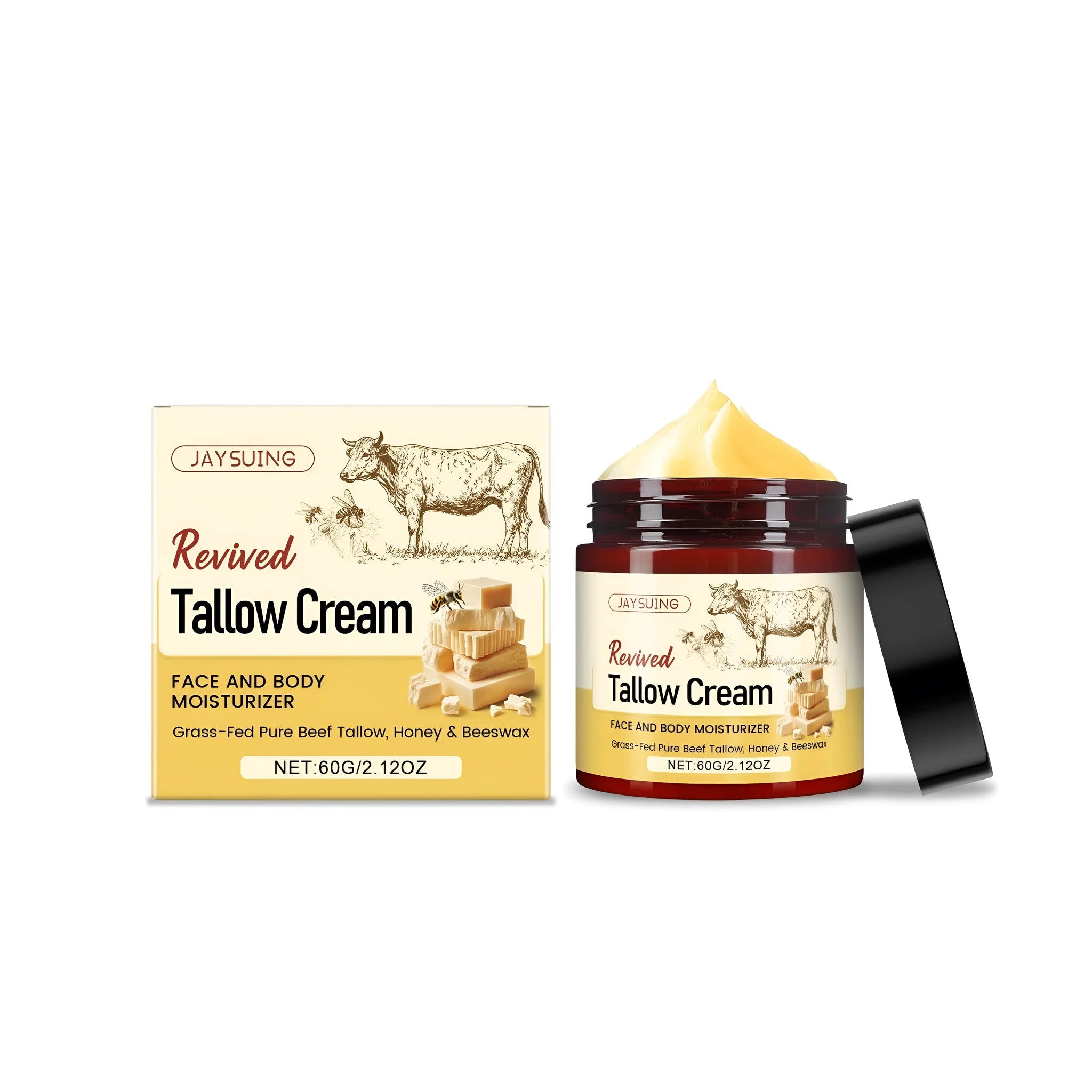 60g glass jar of Revived Tallow moisturising cream with tallow and honey