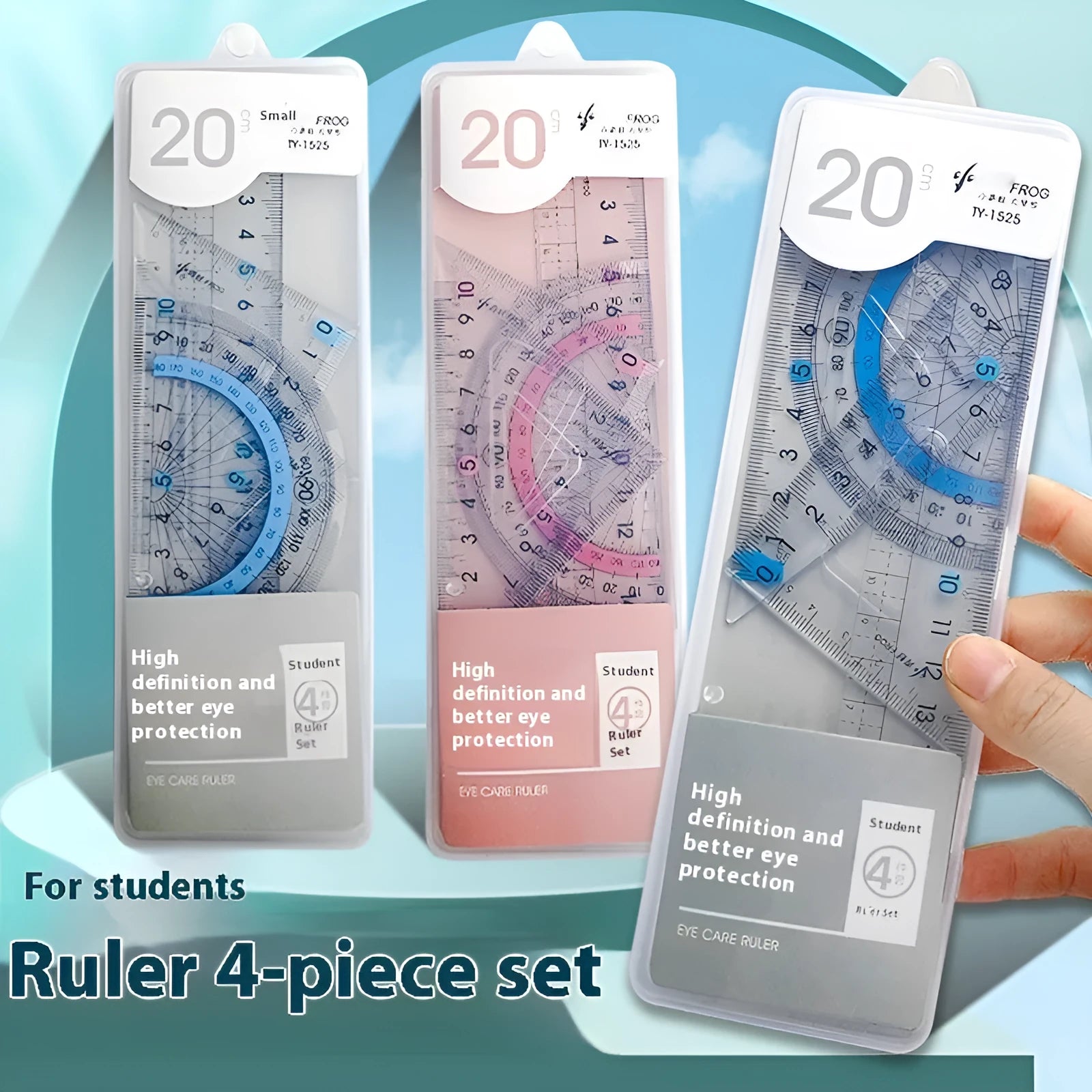Transparent acrylic geometry ruler set with protractor, square, triangle, and ruler on a drawing