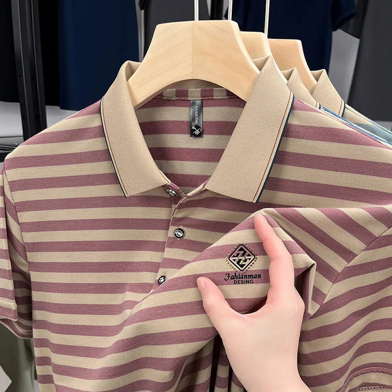 Men's striped casual short sleeve shirt with mosaic detailing in blue, shown on a model