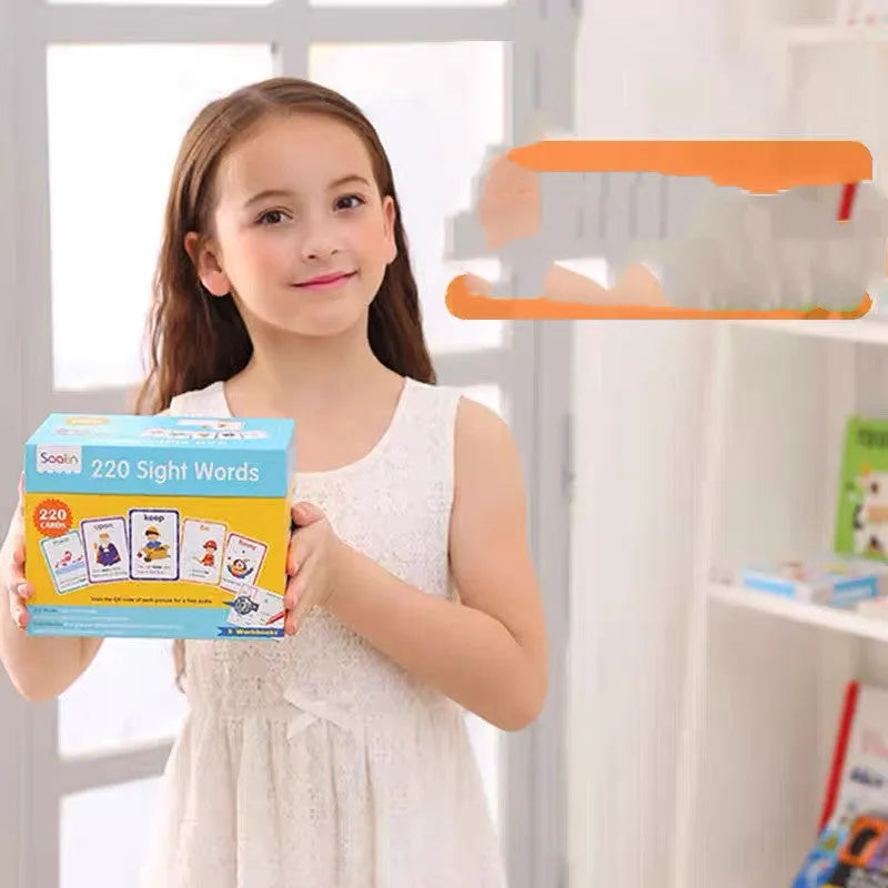 220 High Frequency Word Gift Box Set showing coated paper flashcards and interactive workbooks for children's English education