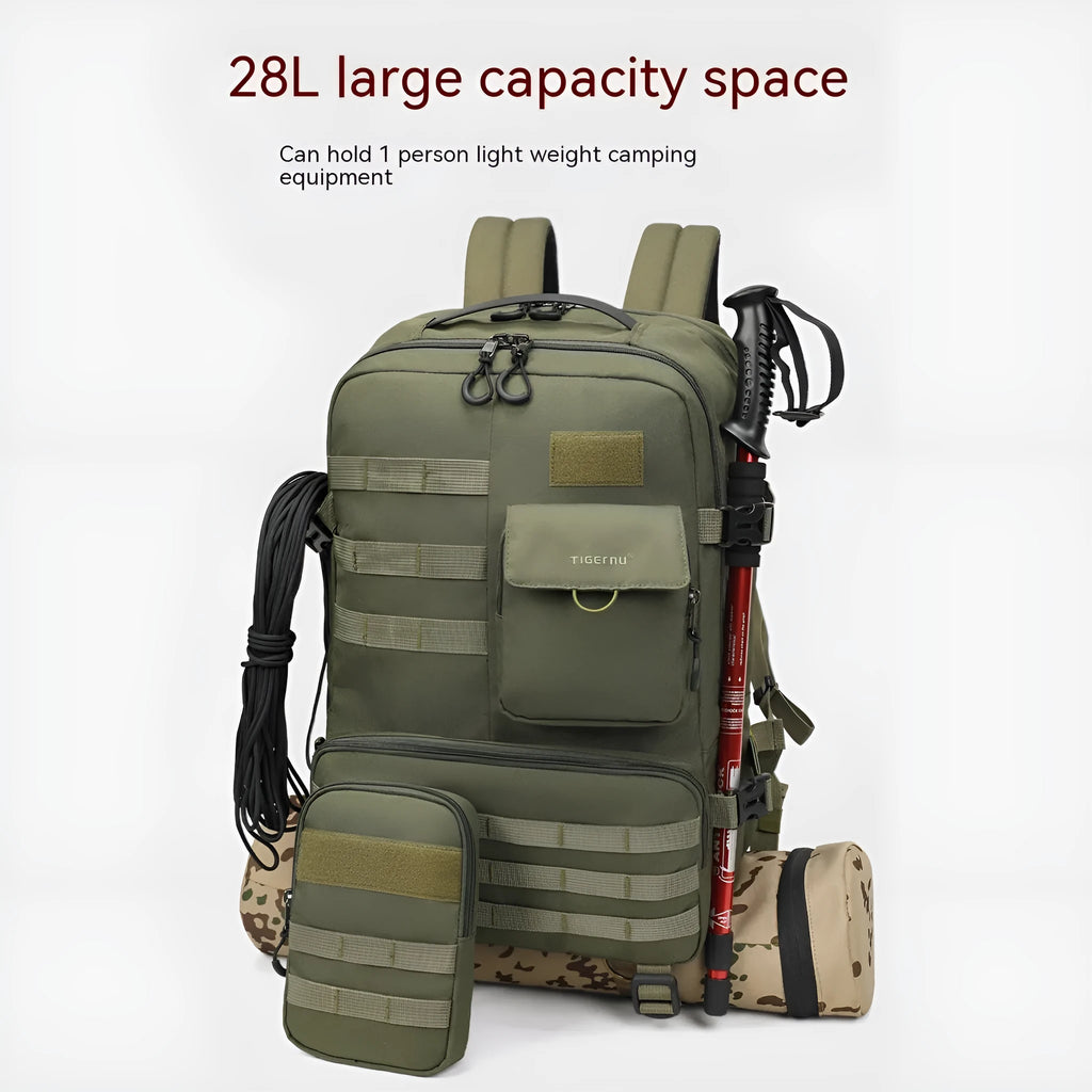 Army green tactical backpack with waterproof nylon construction and 17-inch size