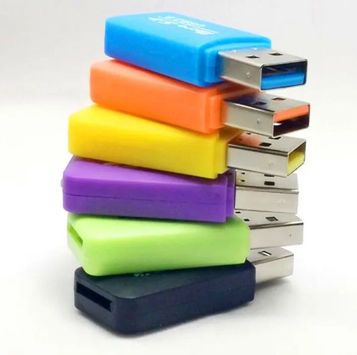 Small white Mini USB Card Reader for MicroSD TF and SD memory cards on a desk