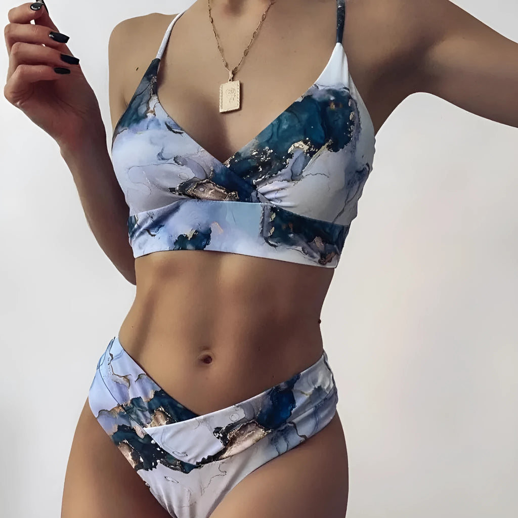Women's high waist bikini with marble tie-dye pattern and U-neck swim top