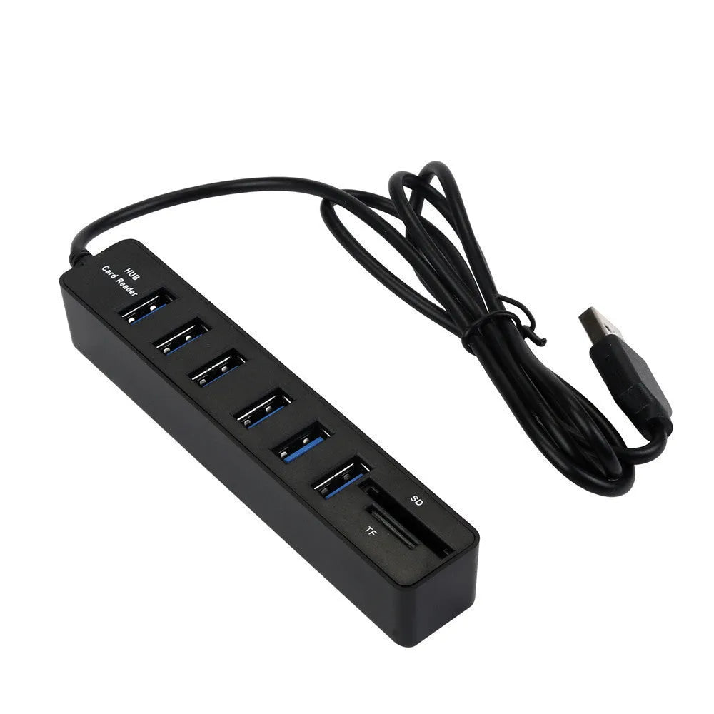 USB 2.0 hub with six ports and SD/TF card reader, black, 1cm cable length