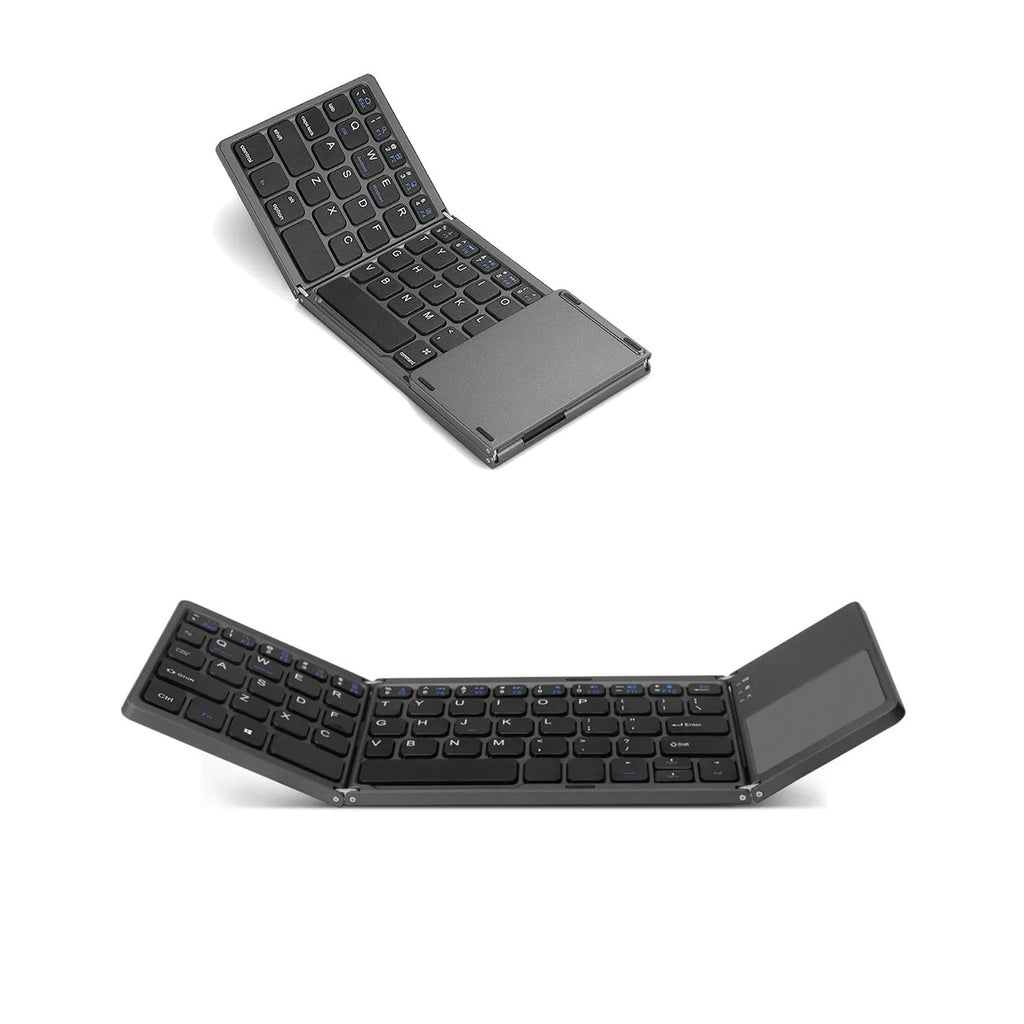 Black tri-fold Bluetooth keyboard shown open next to a tablet and folded in hand.