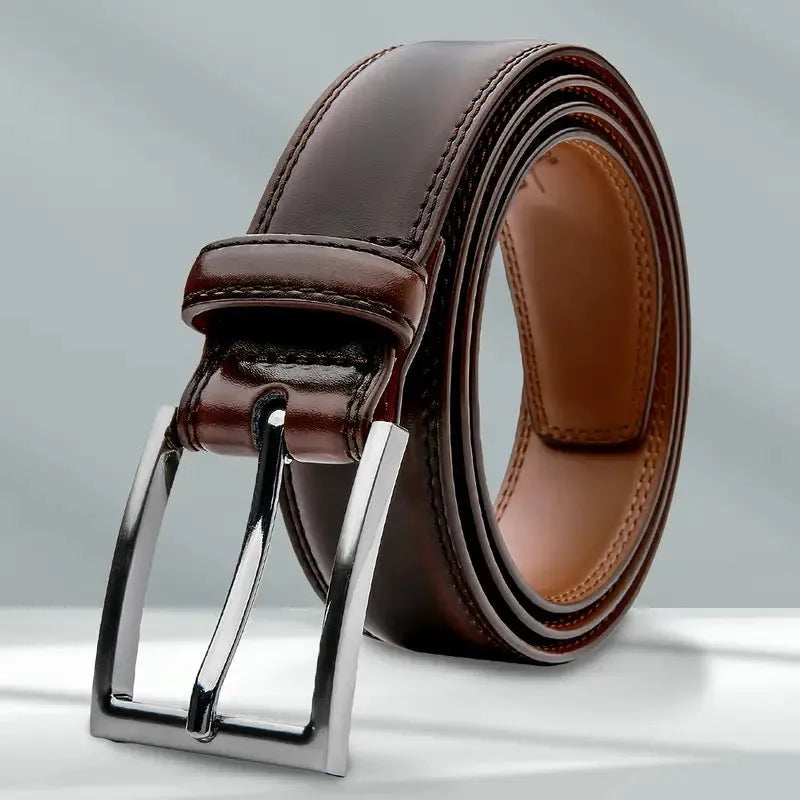 Men's brown genuine leather casual belt with an alloy buckle, showing the wild 95 grain texture.