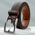 Men's brown genuine leather casual belt with an alloy buckle, showing the wild 95 grain texture.