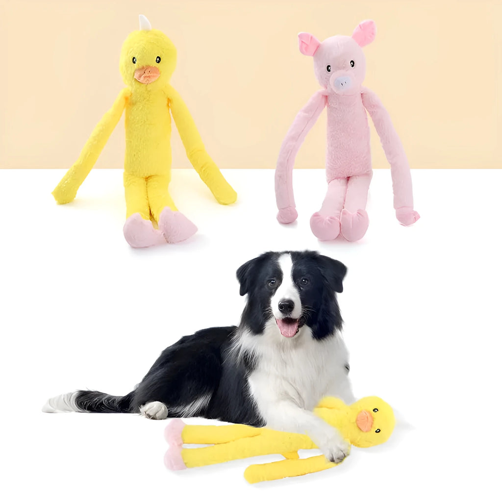 Plush interactive dog toy with rattle and crinkly paper for large breeds, available in pink and yellow