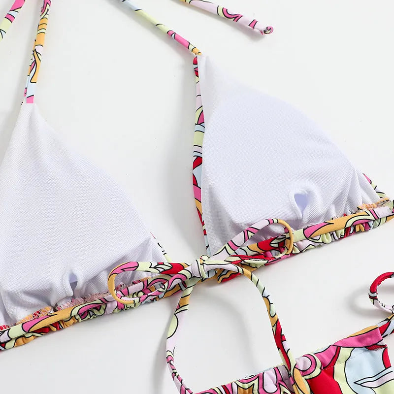 Triangle Printed Bikini for Women with Separate System and Hanging Neck Swimsuit, Polyester Fabric, Available in S M L, Multicolor Pattern for Beach and Pool Wear