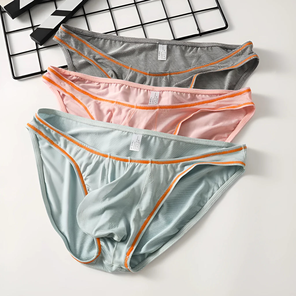 Men's modal knit underwear with butt-lift design in various colours on size chart.