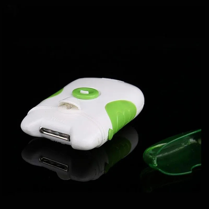 Green electric nail trimmer and file, ABS construction, 17x21.5x6.5cm