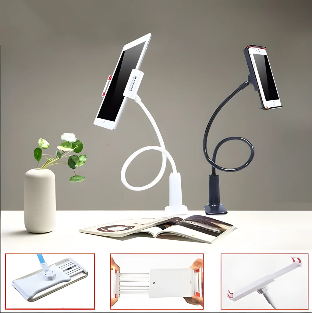 Bedside oversize flat panel phone handset with long adjustable arm on table surface