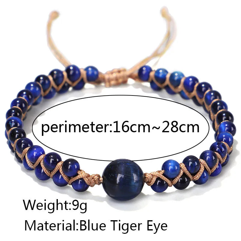 Handmade woven geometric bracelet with blue Tigereye beads and an adjustable pull fastening.