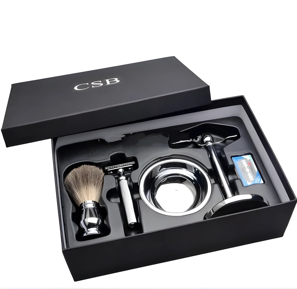 CSB men's shaving kit featuring a chrome razor and stand, badger hair brush, and zinc alloy soap bowl