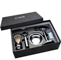 CSB men's shaving kit featuring a chrome razor and stand, badger hair brush, and zinc alloy soap bowl