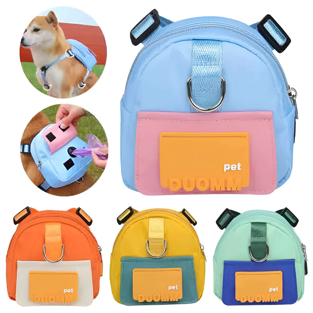 Blue pet snack storage backpack harness with breathable mesh and adjustable straps on a small dog outdoors