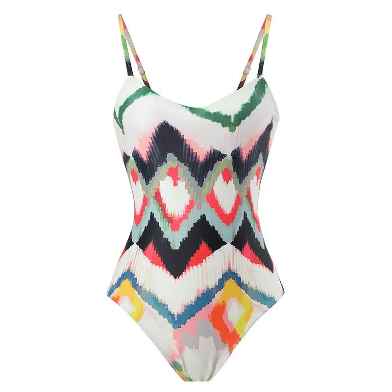 Women's two-piece swimsuit with matching hip skirt in striped gradient print
