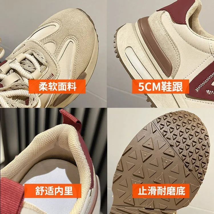 Retro platform sports shoes in black with round toe, front lace-up, rubber sole, and mesh lining