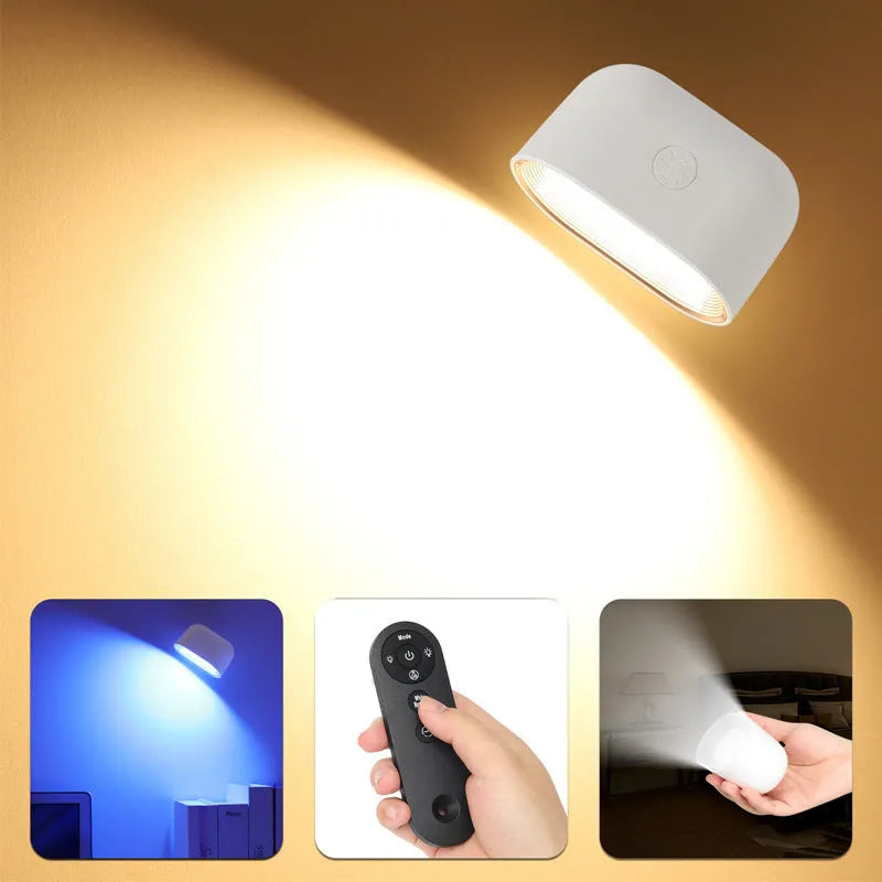 White magnetic wall lamp with remote control showing touch operation and colour changing features