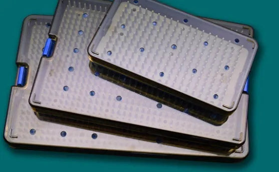 Transparent silicone disinfection box for UV sanitiser pouches in large, medium, and small sizes.