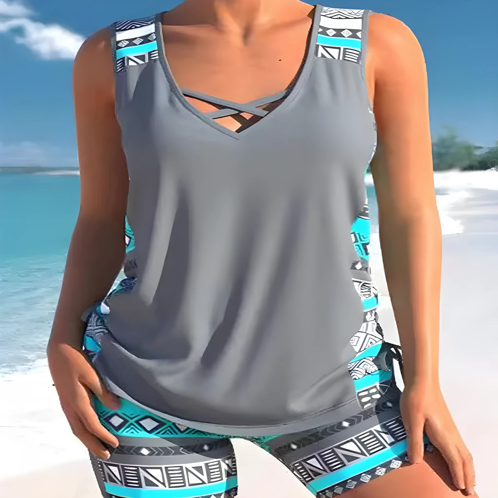 Women's printed lace two-piece swimsuit with floral pattern, blue colour, size options M to 3XL