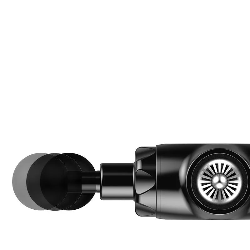 Black and white muscle massage gun with lithium battery showing 12mm stroke depth