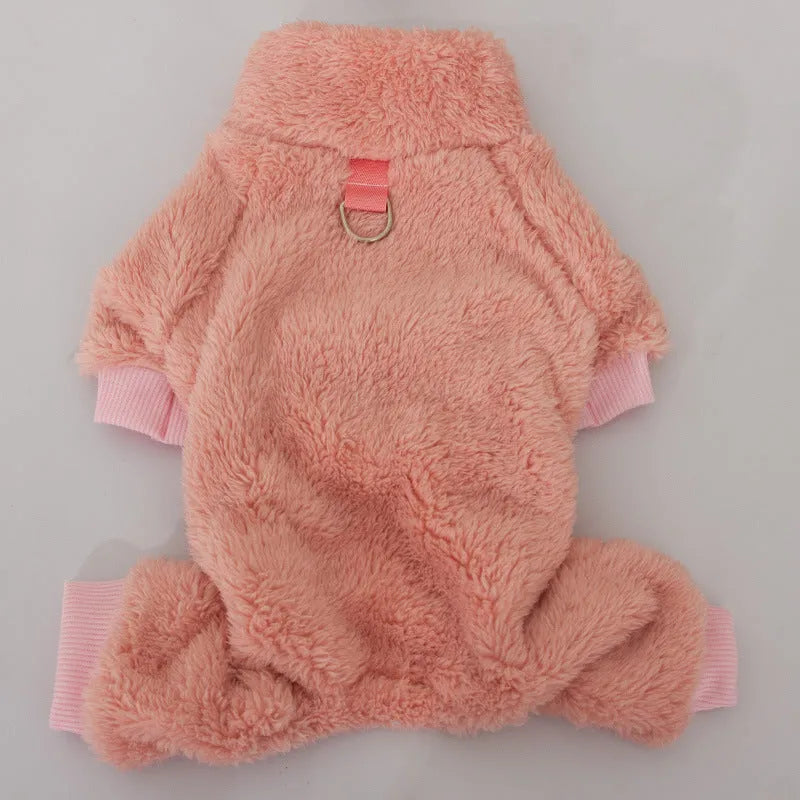 Double-sided thick plush dog clothes with high collar in khaki, pink, or blue colours showing four-legged design