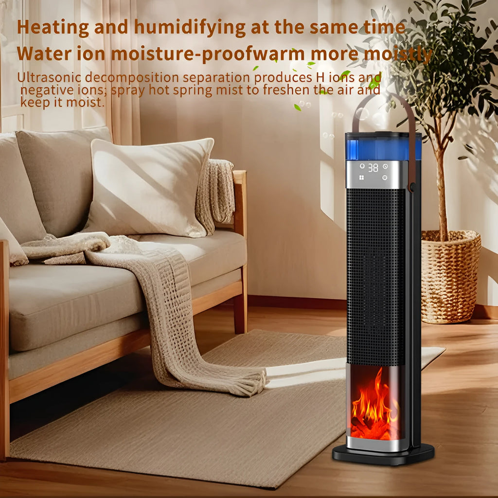Tall, slim vertical ceramic heater with humidifier tank and remote control on a wooden floor.