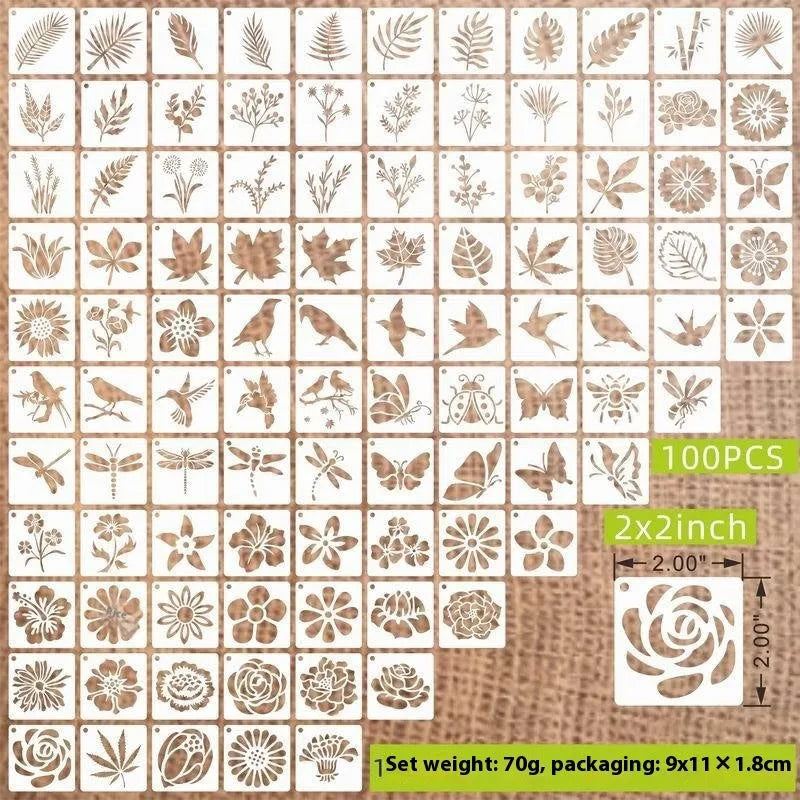 Milky white PET film spray painting stencils showing floral, animal, and letter designs in 2-inch size