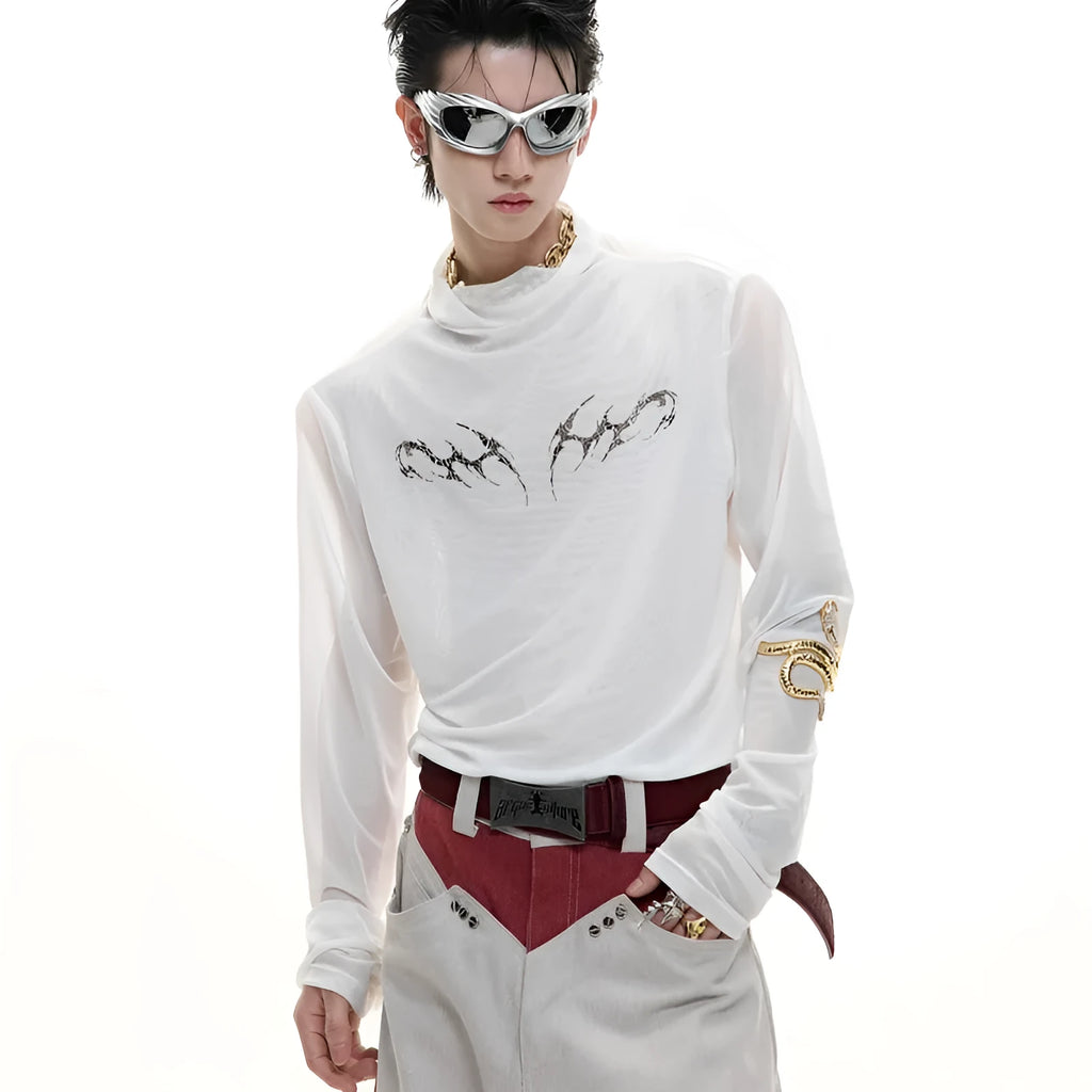 Black slim-fit long sleeve mesh shirt with a cooling ice-feel texture, shown on a model.