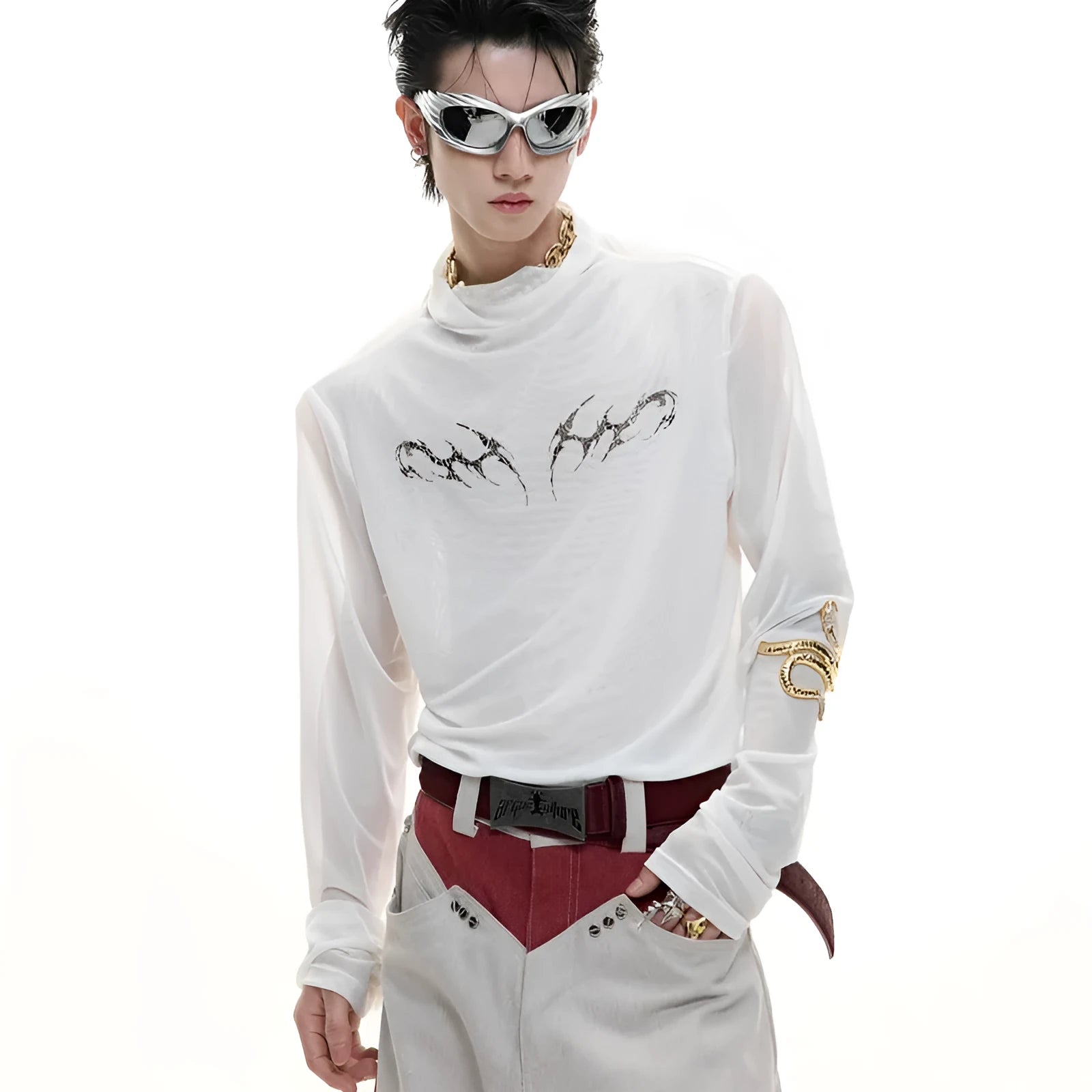Black slim-fit long sleeve mesh shirt with a cooling ice-feel texture, shown on a model.