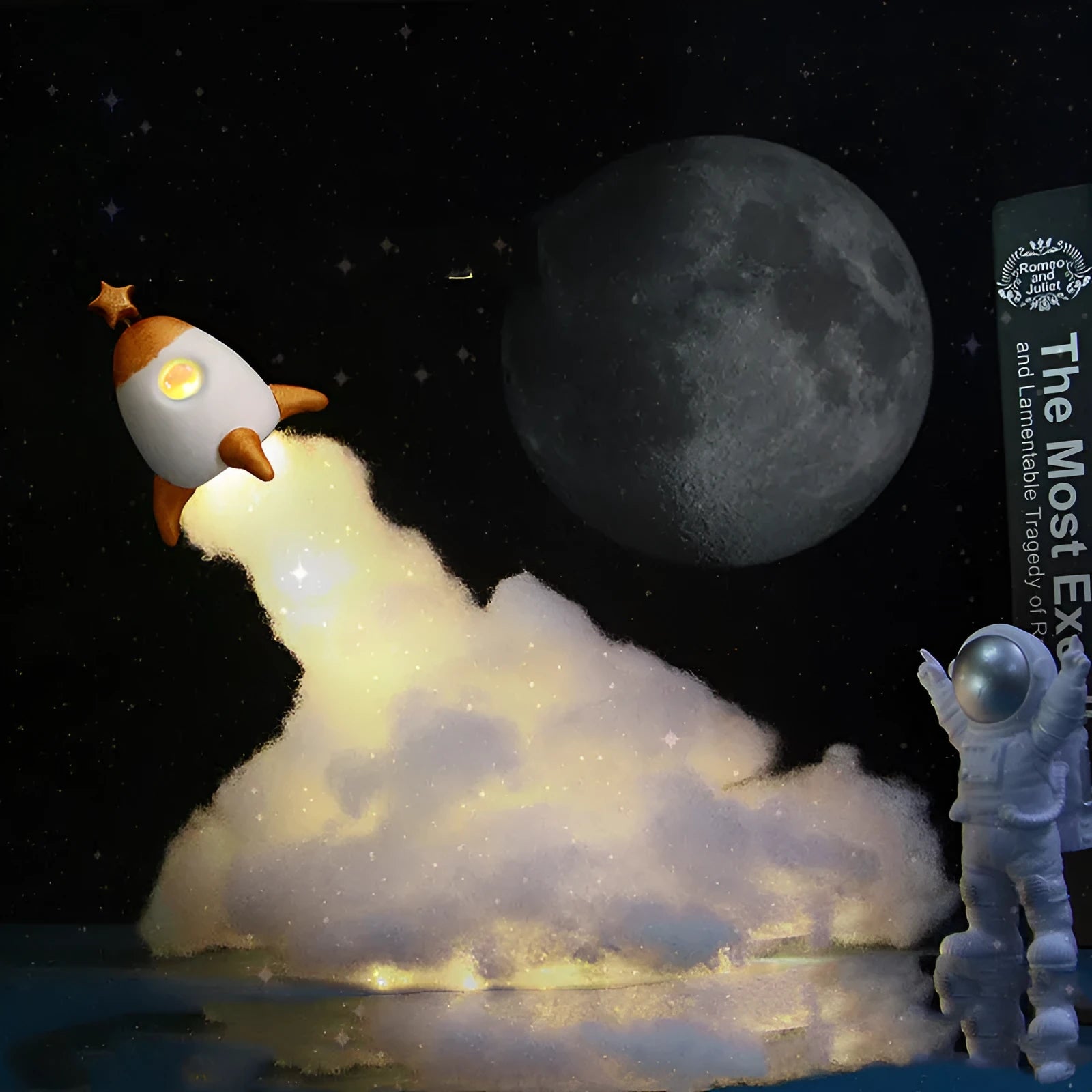 DIY astronaut rocket night light kit components including rocket model, chassis, straws, and LED string lights