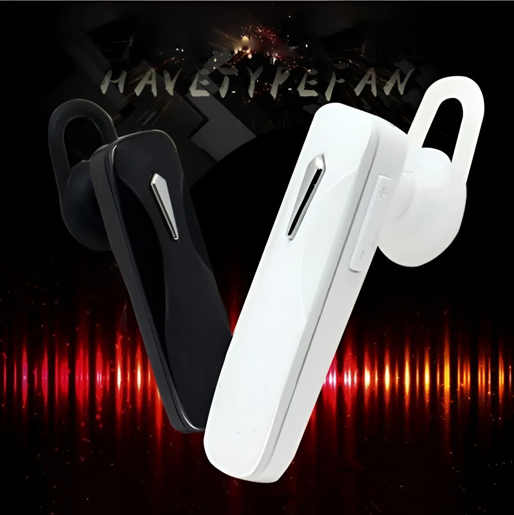 M163 black and white Bluetooth car headset with control buttons for calls and music.