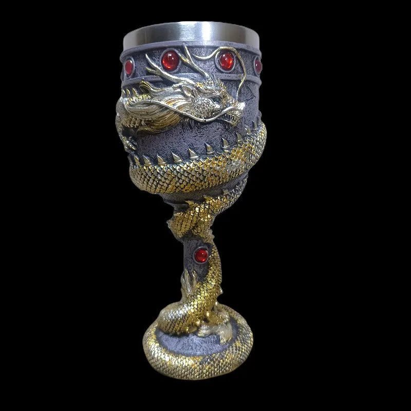 Red wine glass with Chinese dragon design on stainless steel base, 200ml capacity