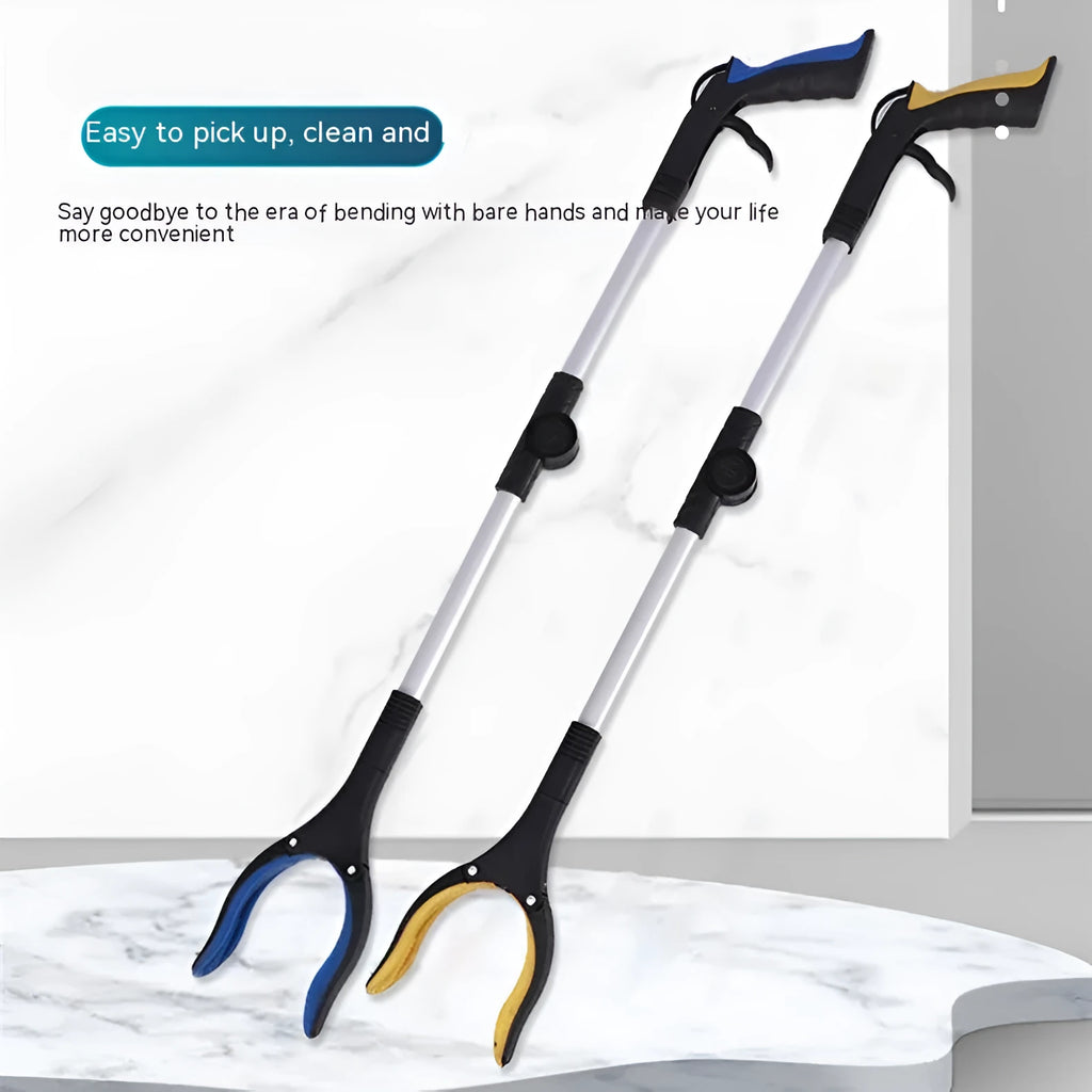 Foldable aluminium garbage pick-up clamp with extended silver rod and blue handle, showing magnet sucker.