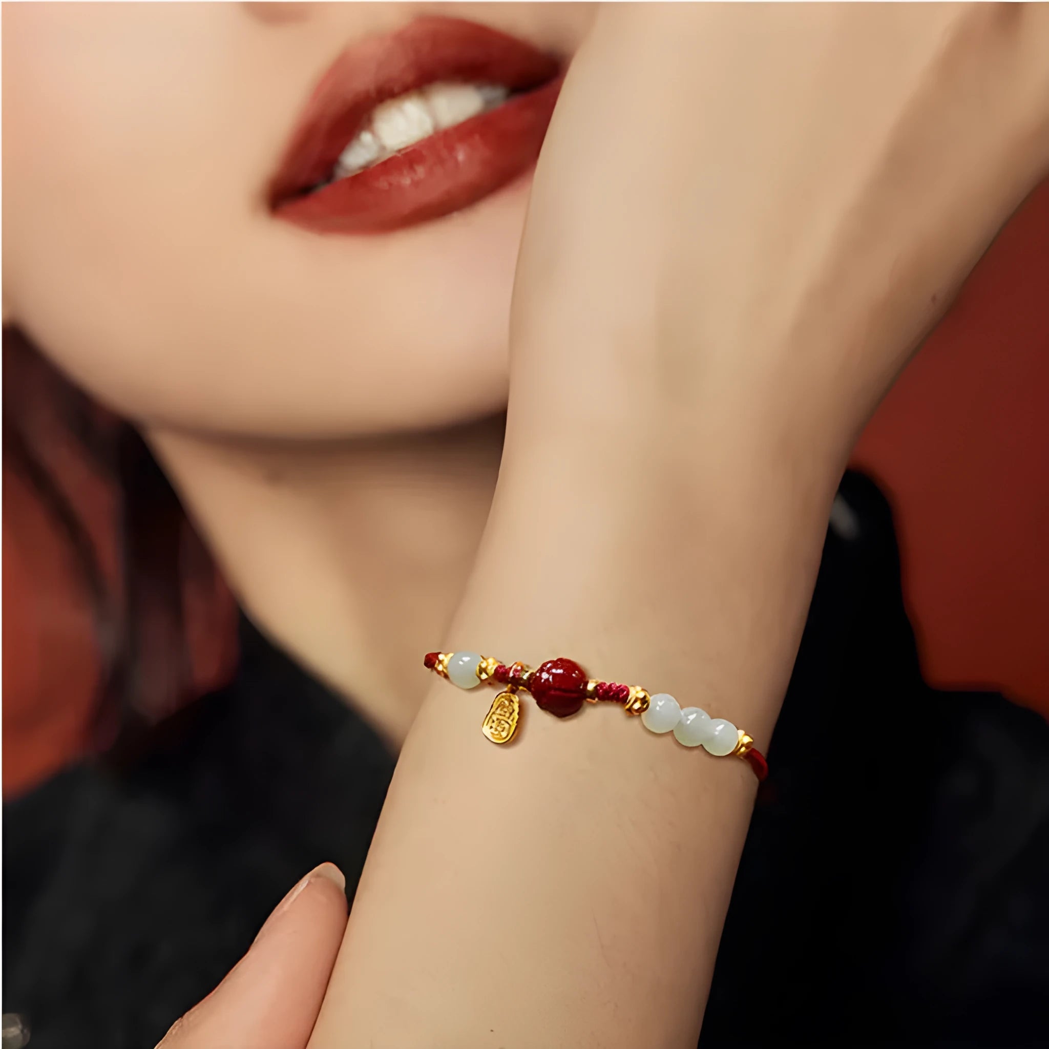 Handcrafted Hetian jade cinnabar red rope women's bracelet with 925 silver adjustable chain