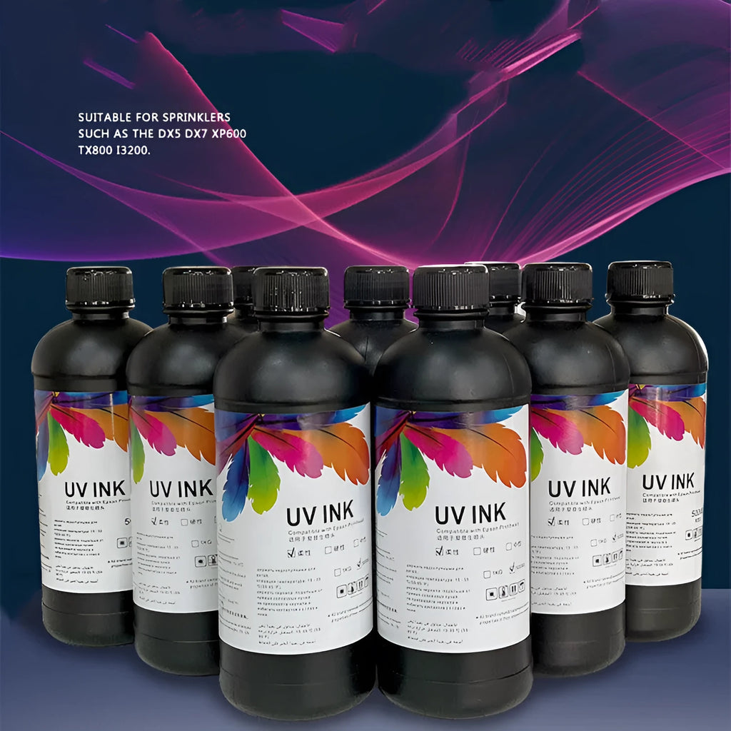 500ml bottle of Epson-compatible UV printer ink for XP600 TX800 fifth and seventh generation nozzles.