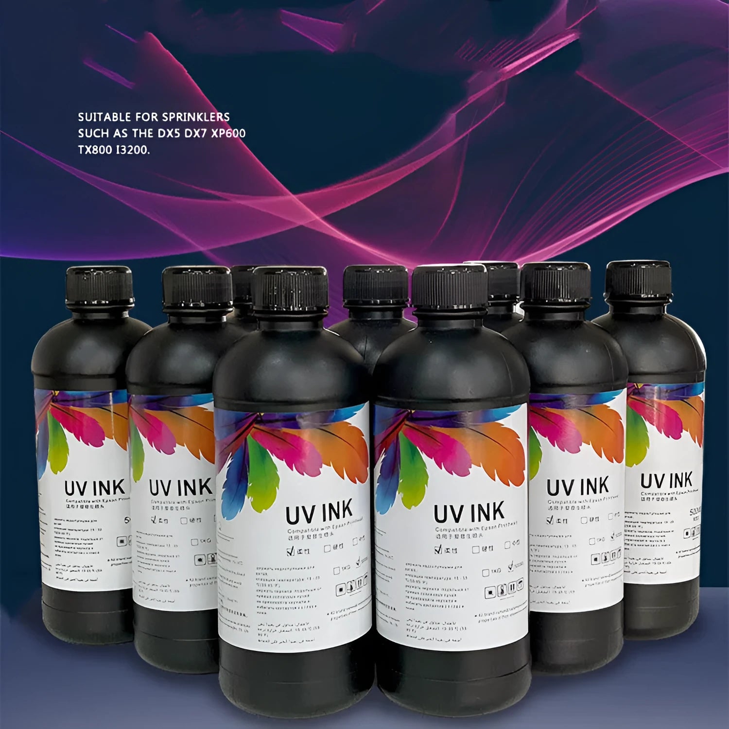 500ml bottle of Epson-compatible UV printer ink for XP600 TX800 fifth and seventh generation nozzles.