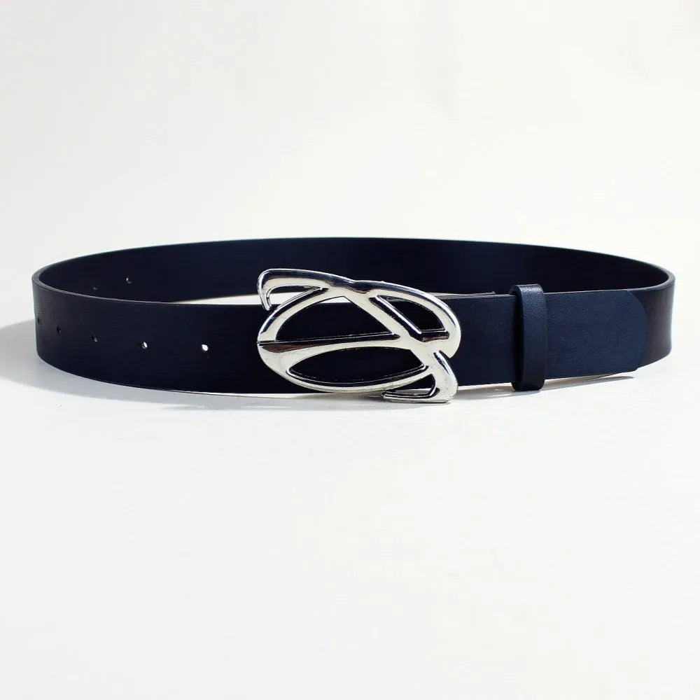 Silver-buckle PU leather casual belt showing snap button fastening on a 105cm long, 3.3cm wide strap.