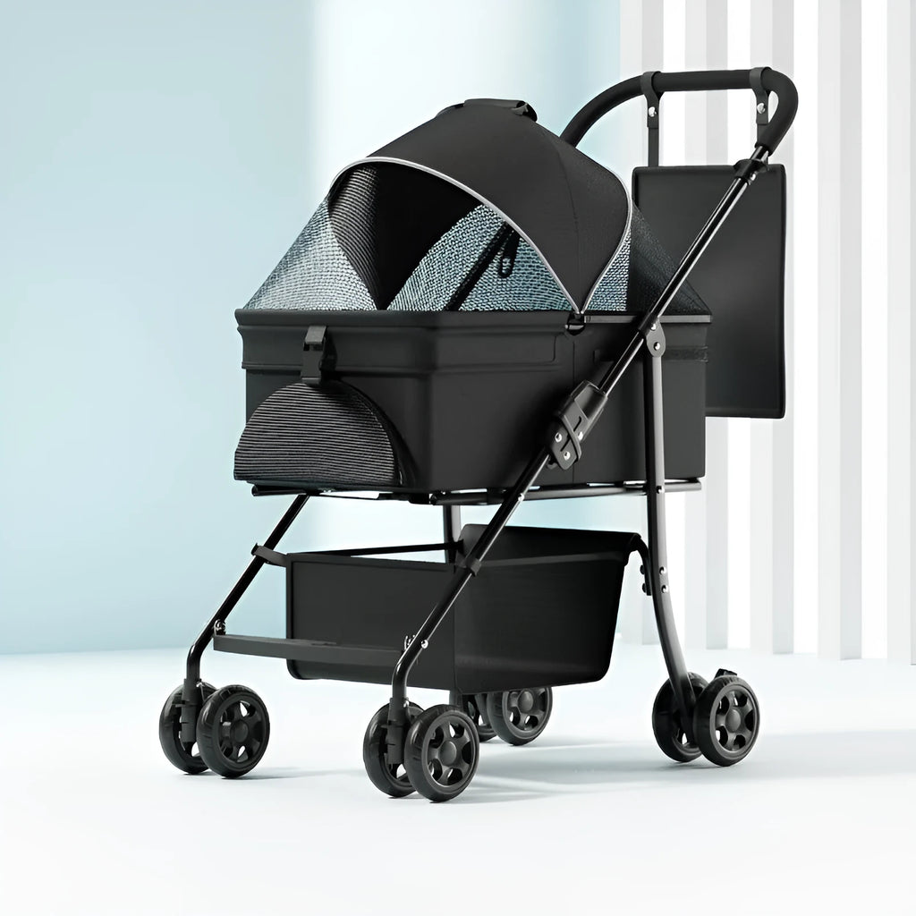 One-click folding large capacity pet cart in black warrior basic style with metal frame, collapsed for storage